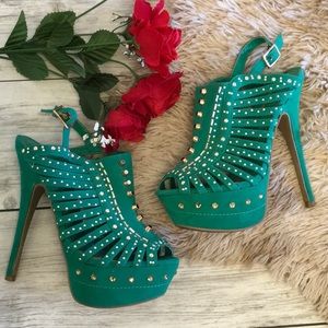 Sage and gold peep toe heels